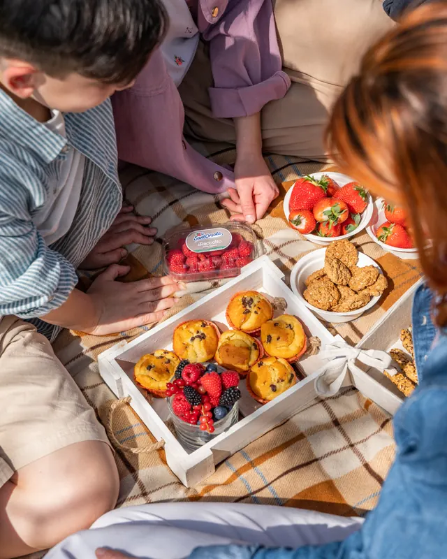 Dolci e frutti di bosco su una tovaglia da picnic
