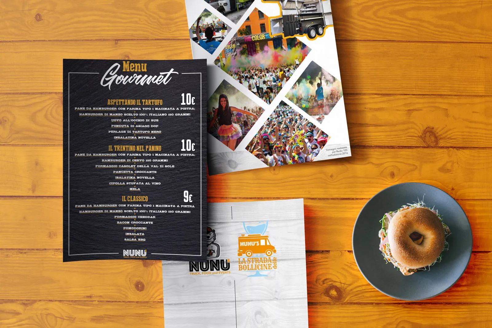 Menu gourmet e materiali grafici per il food truck Nunu's